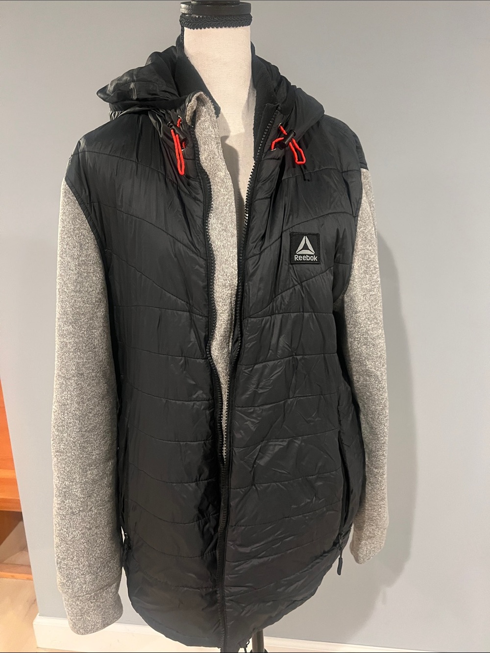 Reebok Black Quilted Hooded Puffer Vest with Red Drawcords